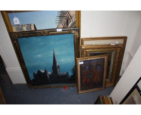 John Macauley, (20th Century, British) Salisbury Cathedral by Moonlight, oil on board, together with two further oils, a wate