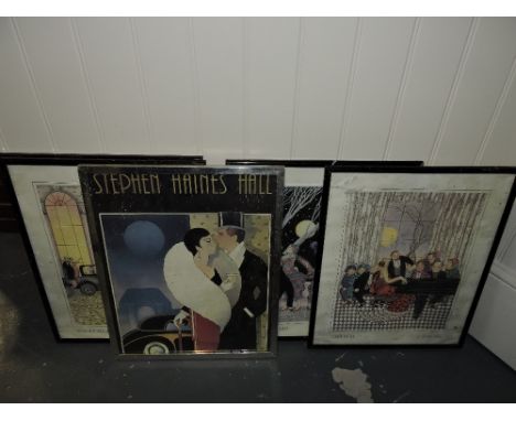 After Lynda Reiss, four Art Deco style colour prints, together with one other, framed.