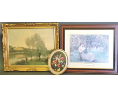 After Corot, Ville d' AVray, oleograph, 41 x 51cm, together with another work after Arthur Hopkins and an oval floral print o