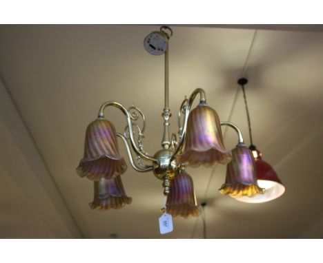 A Christopher Wray brass five branch ceiling light hung lustre glass bell shades together with a pair of brass Art Nouveau st