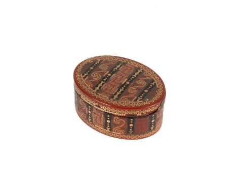 A George III tortoiseshell, red lacquer and two-colour gold inlaid snuff box of oval shape, 7.5cm wideSmall chip to red lacqu