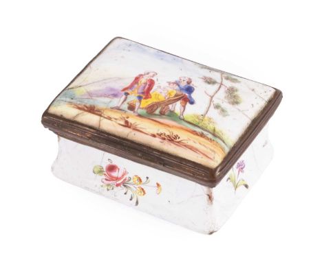 A South Staffordshire enamel snuff box, late 18th Century, of rectangular form, the cover painted in colours with figures in 