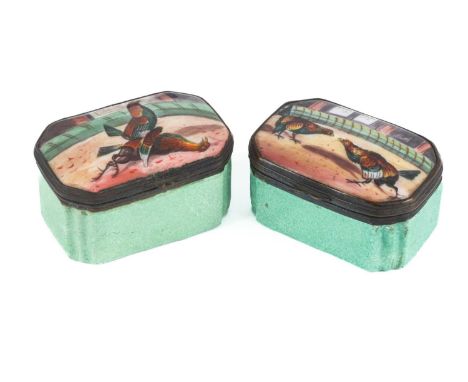 A pair of Staffordshire enamel snuff boxes,19th Century, each lid decorated with a cock-fighting scene after Henry Alken, 5cm