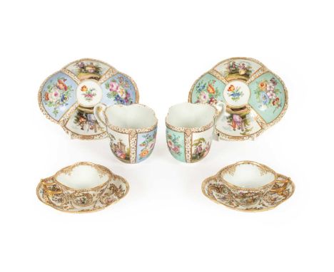 Two pairs of Meissen (outside decorated) quatrefoil cups and saucers, 19th/20th Century, two painted with floral and figural 