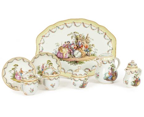 A Dresden cabaret set, late 19th Century, decorated in the Meissen style with lovers in landscapes, wide swagged floral pale 