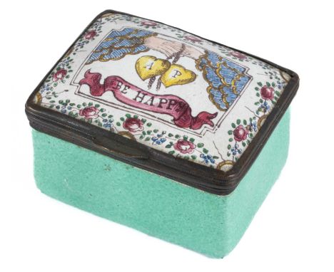 A South Staffordshire enamel snuff box, late 18th Century, of rectangular form, the lid painted with joined hands and linked 