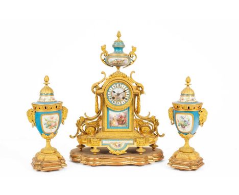 A French ormolu mounted Sèvres style porcelain garniture de Cheminee, late 19th Century, of Louis XVI style comprising a mant