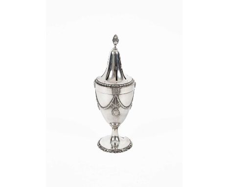 A Dutch urn-shaped silver caster, Roelof Helweg, Amsterdam, late 18th Century, of Neoclassical design, the pierced cover with