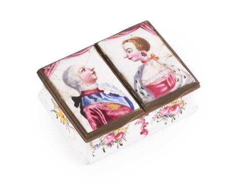 A South Staffordshire enamel snuff box, circa 1770, the two hinged lids with profile portraits of King George III and Queen C