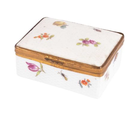 A Meissen porcelain snuff box, early 19th Century, painted with flower sprays and insects on a moulded basketweave ground, gi