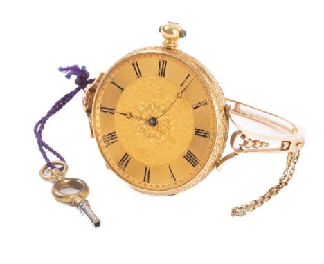 A lady's yellow metal wristwatch, adapted from an open faced pocket watch, the dial with Roman numerals, lacking glass, with 