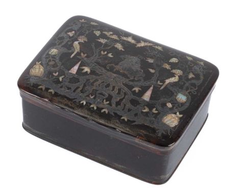 A George III silver and mother-of-pearl inlaid tortoiseshell snuff box, of rectangular form, the lid decorated a horseman and