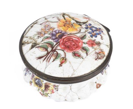 A South Staffordshire enamel snuff box, late 18th Century, the lid painted with a bouquet of flowers and insects, the lower p