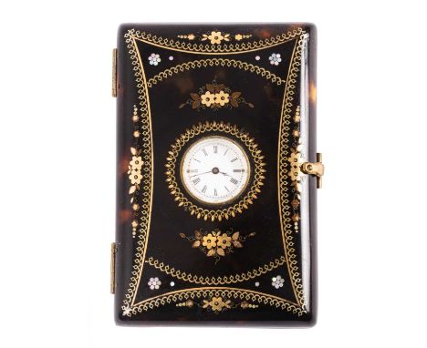 A tortoiseshell cigarette case with integral watch, the rectangular case with mother-of-pearl and mixed metal inlays, the cen