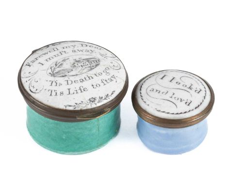 Two Battersea enamel patch boxes, early 19th Century, one inscribed to the cover 'I look'd and lov'd' the other 'Farewell my 