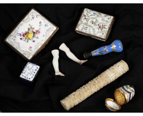 A pair of Meissen porcelain legs, blue crossed swords marks, 6cm long, a blue and gilt enamel desk seal, 7.5cm long, an ename