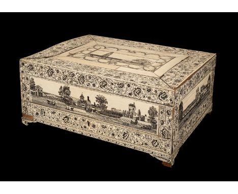 An Anglo-Indian engraved ivory dressing box, Vizagapatam, late 18th Century, the rectangular lifting top opening to reveal an