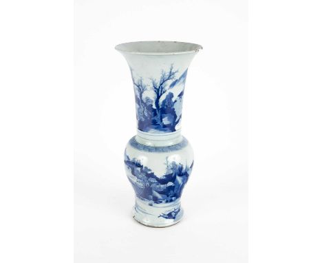A Chinese blue and white Yen Yen vase, Kangxi, decorated with river landscapes and figures on a bridge, six character mark be