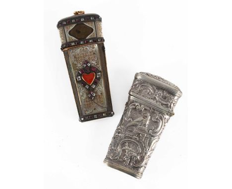 A Georgian mother-of-pearl and jewelled etui of tapering form, lacking contents, the front with heart-shaped carnelian and pa