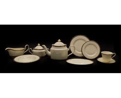 A Minton St James pattern porcelain dinner and tea service, comprising a teapot, two cream jugs, a sugar bowl and cover, ten 