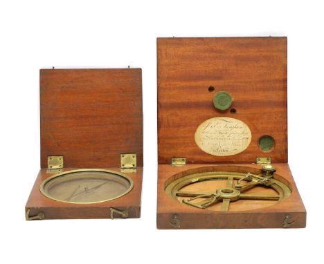 A 19th century circular brass protractor, by J &amp; E Troughton, the mahogany cased with paper trade label. Box 18 x 19cm (7