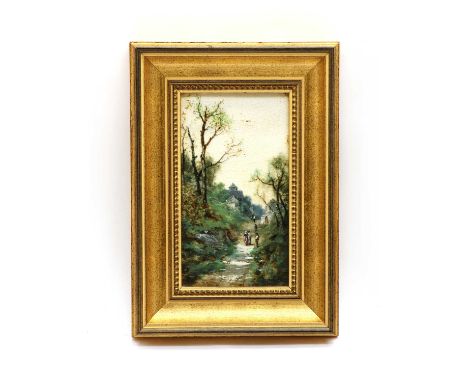 A pair of painted faience pottery plaques, by Dominique Grenet (French, 1821-1885), the first with figures on a path, the sec