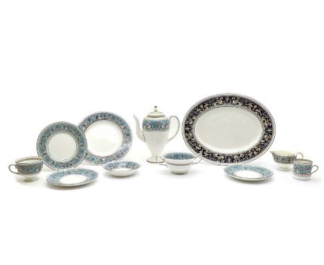 A quantity of Wedgwood Florentine W614 plus unmarked dinnerwares, in turquoise pattern, including seven soup bowls with handl