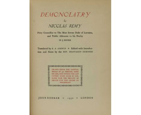 WITCHCRAFT BOOK, First English translation of 'Demonolatry' by Nicholas Remy [1595] translated by E A Ashwin with Introductio