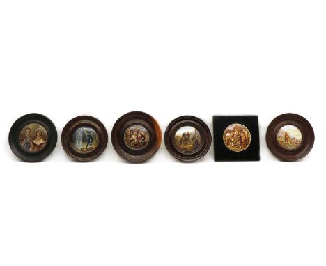 Six Victorian framed colour printed potlids, comprising: 'Victor Emmanuel and Garibaldi'; Victoria and Albert; Shrimpers; fis