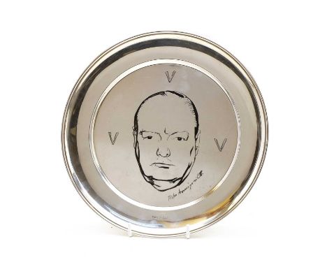 A shallow silver dish, signed Pietro Annigoni, Birmingham 195, the centre with a portrait of Sir Winston Churchill, 2.5cm dia