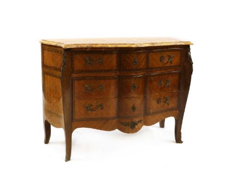 A Louis XV-style parquetry commode, 20th century, with all-over gilt-metal mounts, the serpentine brocatelle marble top above
