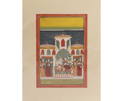 Late 18th/ early 19th century Rajasthani school, a prince and a princess in a courtyard, gouache, 25 x 16.5cm, unframedCondit