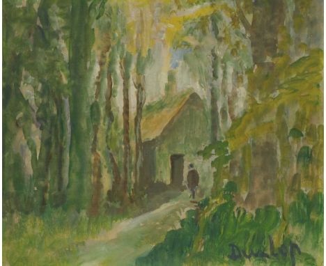 *Ronald Ossory Dunlop RA (1894-1973)A figure by a house in a wooded landscapesigned l.r., oil on board21.5 x 26cm*Artist's Re