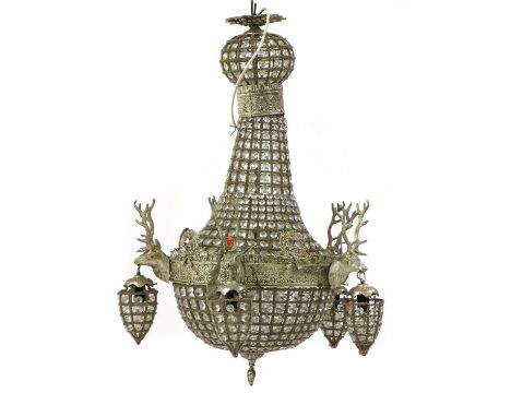 A glass and silvered five light bag chandelier, each light suspended from a stag head, 54cm wide, 90cm highCondition report: 