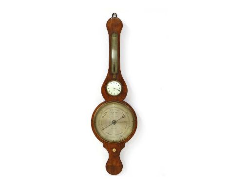  A 19th century wheel barometer, in a burr walnut veneered case, by Lione &amp; Somalvico, 125 Holb. Hill, with thermometer, 