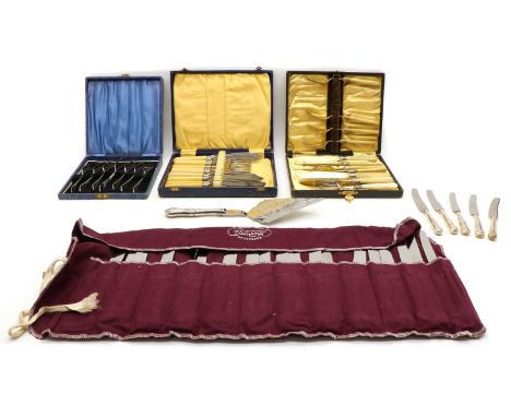 A collection of cased silver plated flatware, to include a set of pastry forks, Queens pattern handle serving wares and fish 