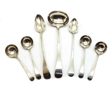 A collection of George III silver Old English pattern flatware, to include a basting spoon, by Richard Cressley, London 1796,