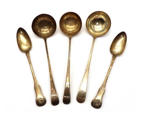 Two George III King’s pattern silver serving spoons, by Andrew Wilkie, Edinburgh 1819, together with two George III Old Engli