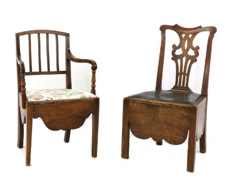 Two commode chairs, one elm with a leather seat, 53.5wide, 50cm deep, 97cm high, 46cm seat, the other with arms and a lift ou