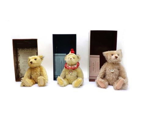 Three Steiff teddy bears, each a 1980s replica of an early 20th bear, comprising a Teddy-Clown 1926, a Teddy Rose 1925, and a