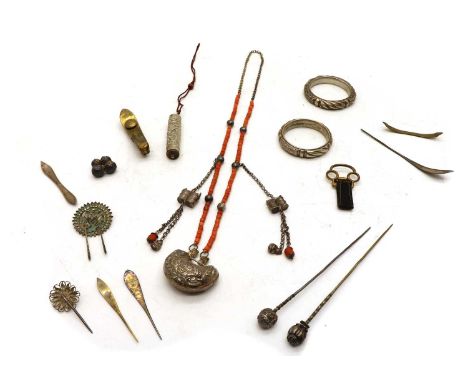 A collection of Chinese miscellaneous collectibles, including: a silver lock pendant, decorated with Fu, Lu and Shou looking 