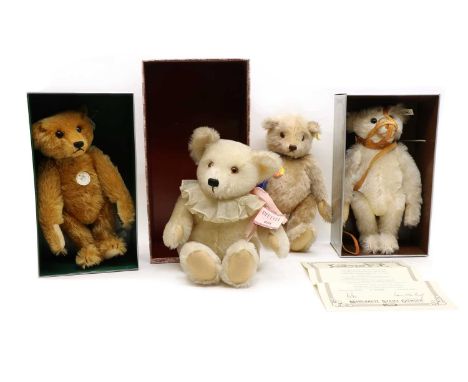 Four Steiff teddy bears, each a 1980s replica of an early 20th bear, comprising a Teddybär 1907, a Muzzle Bear 1908, an Ophel