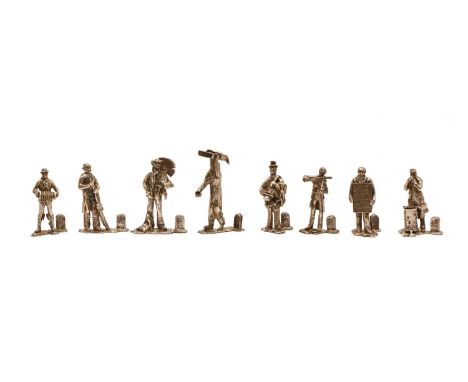 Eight modern novelty silver menu holders, by Thomas Charles Jarvis, London, modelled as male figures, including a chimney swe