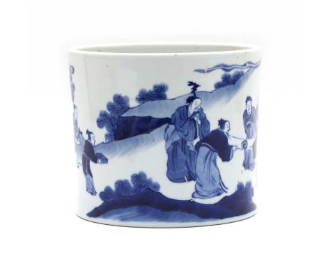A Chinese blue and white brush pot, painted with literati studying a scroll amongst with pine trees, 18cm diameterCondition r