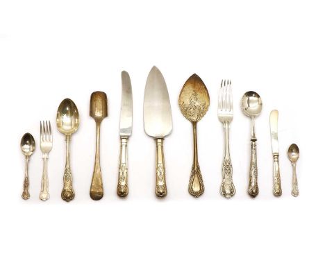 A silver plated Queens pattern part canteen of cutlery, comprising six dinner knives and forks, six starter knives and forks,