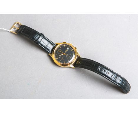 Herrenarmbanduhr (Du Bois), vergoldetes Stahlgehäuse, schwarzes Zifferblatt m. goldenenIndizes u. Zeigern, Chronograph, Autom
