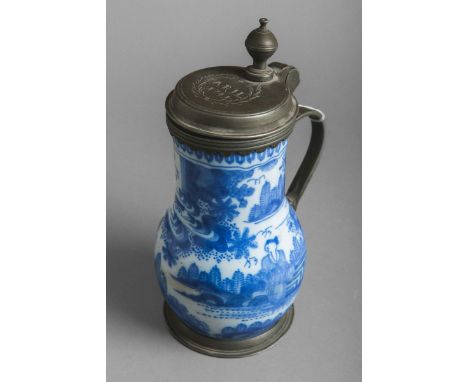 Krug / Humpen (Barock), Keramik m. Zinndeckel, bez.: "A R H 1741", H. gesamt ca. 23 cm, H.bis zum oberen Ring ca. 19 cm. Alte