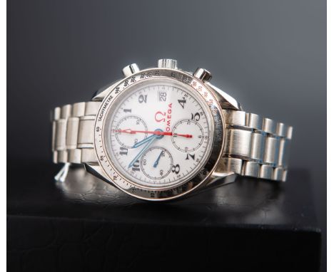 Omega - Herrenarmbanduhr "Speedmaster Date Olympic Chronograph", weißes Zifferblatt m.schwarzen arab. Ziffern u. Indizes, Chr