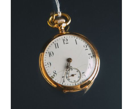 Damentaschenuhr 750 GG (Omega, um 1900), weißes Emailzifferblatt m. schwarzen röm.Ziffern, kl. Sekunde, gestempelt: Feingehal