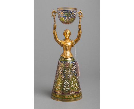 Brautbecher (19./20. Jh.), klares Glas m. polychromer aufgelegter Emailmalerei,Goldstaffage, d. Oberkörper d. Braut Metall ve